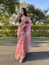 Grey Seq Printed Lace Flamingo Peach Organza Saree
